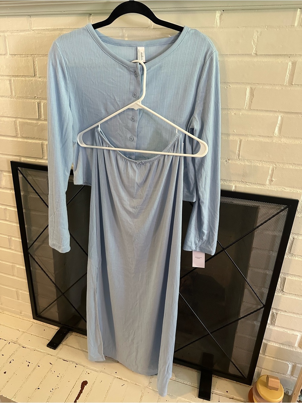 Auden Light Blue Ribbed Long Sleeve and skirt sleep set